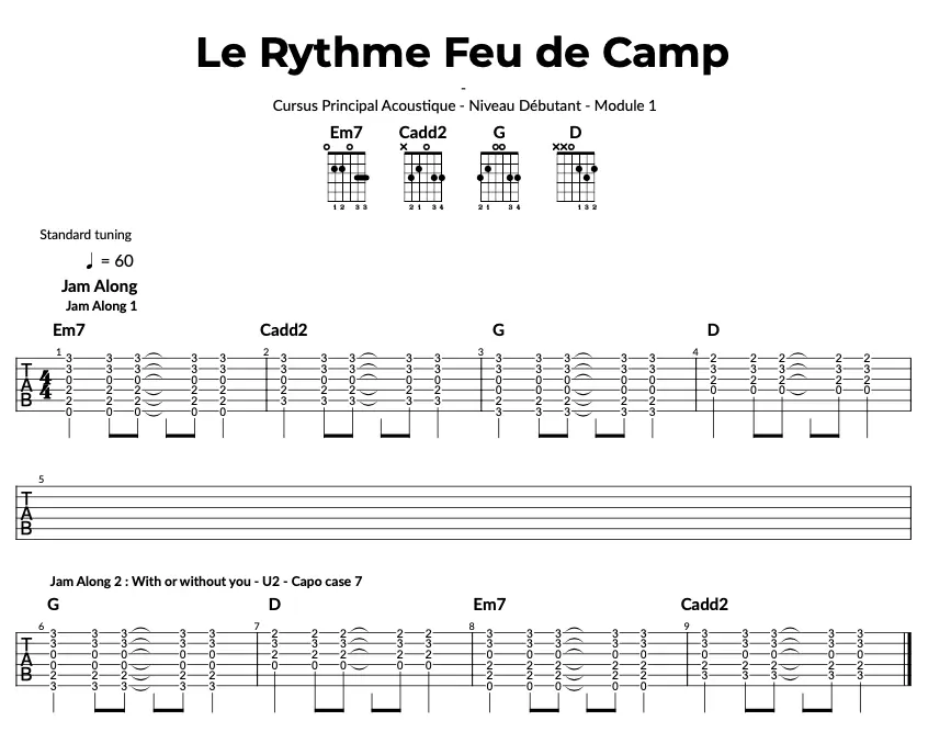 Rythme feu de camp, extrait de tabltaure de guitare pour débutants, With or Without you de U2 